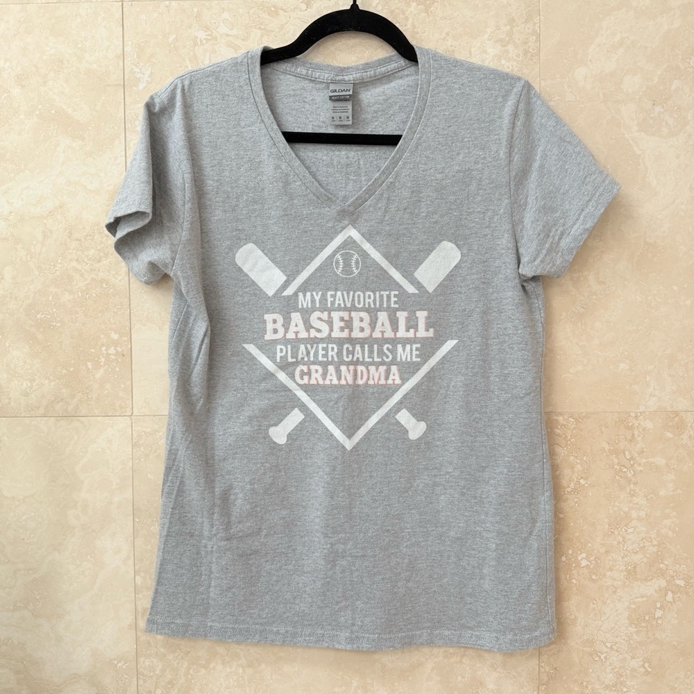 Gildan My Favorite Baseball Player Calls Me Grandma V-Neck Tee Gray Medium